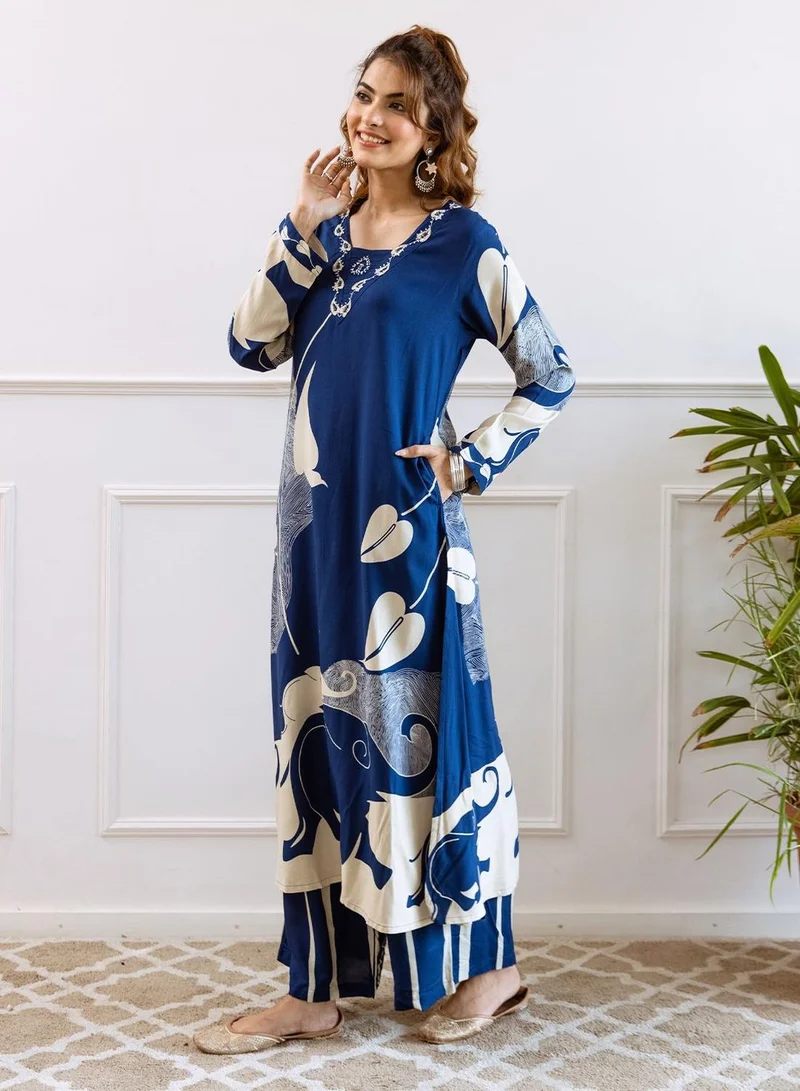 آي شين Women'S Blue Rayon Embellished Regular Fit Kurta Set